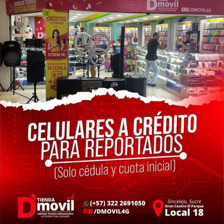 Aviso publicitario de D’MOVIL 4G sobre celulares a crédito para reportados, con la vitrina del local al fondo